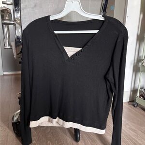 Black and Cream V-Neck Women's Top